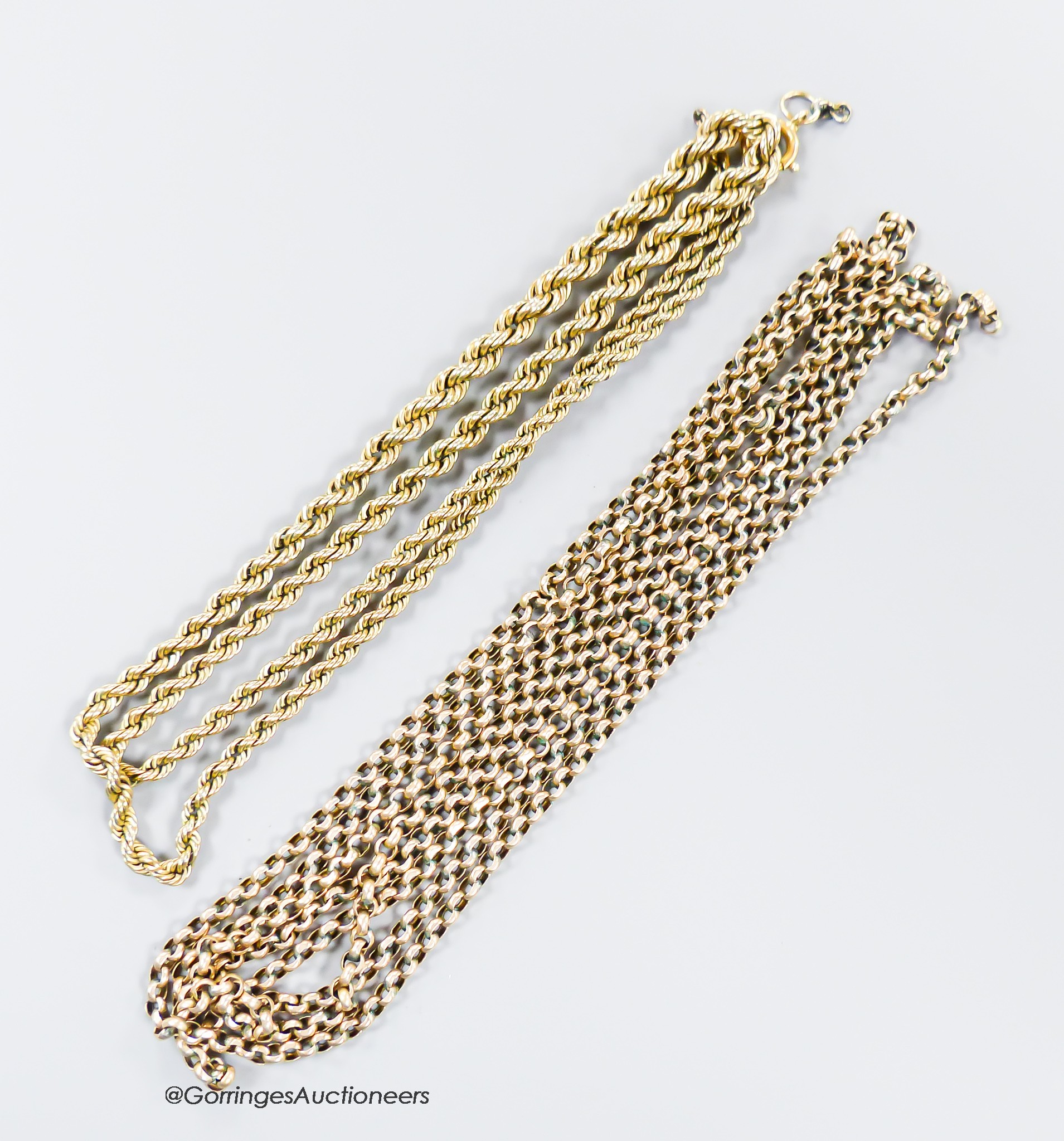 A yellow metal and rope twist chain, 46cm (a.f.) and an Edwardian yellow metal guard chain (a.f.), 106cm, gross 19.6 grams.